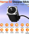 Angled front view of Nema 34 stepper motor with black housing, silver faceplate, exposed shaft and attached cable