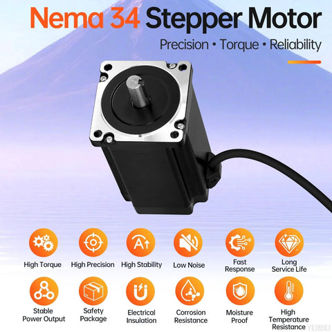 Angled front view of Nema 34 stepper motor with black housing, silver faceplate, exposed shaft and attached cable