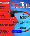 Heavy Duty 17 Piece Auto Fuse Box Kit Featuring Add A Circuit Taps with detailed fuse tap diagram for devices and connections.