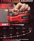 Close-up of Portable IGBT Inverter Welder With Five Variable Current Settings showing adjustable control knob and hand