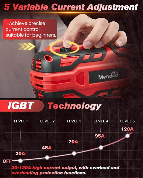 Close-up of Portable IGBT Inverter Welder With Five Variable Current Settings showing adjustable control knob and hand
