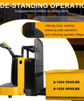 Heavy Duty Electric Pallet Jack Rider Packs Killer Six Thousand Six Hundred Pound Grip with toolbox for side-standing operation.