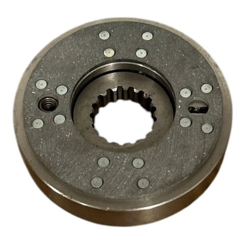 Brake assembly disc, front view, with splined center bore and rivet dots; gray metal tractor brake component