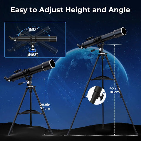 High Powered 90mm Refractor Telescope For Adults With 900mm Focal Length on adjustable tripod against night sky