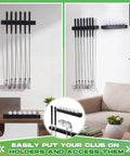 Two Pack Wall Mounted Golf Club Display Rack And Ball Display Case Set Wooden Putter Wedge Holder Wall Hanger Organizer For Six Clubs And Six Balls Home Office Simulator Decor Black showing racks with clubs and balls in a room setting.