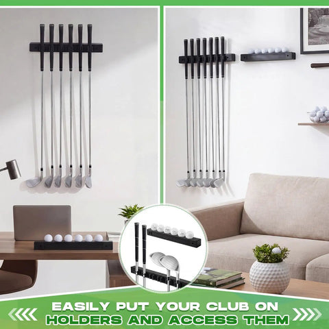 Two Pack Wall Mounted Golf Club Display Rack And Ball Display Case Set Wooden Putter Wedge Holder Wall Hanger Organizer For Six Clubs And Six Balls Home Office Simulator Decor Black showing racks with clubs and balls in a room setting.