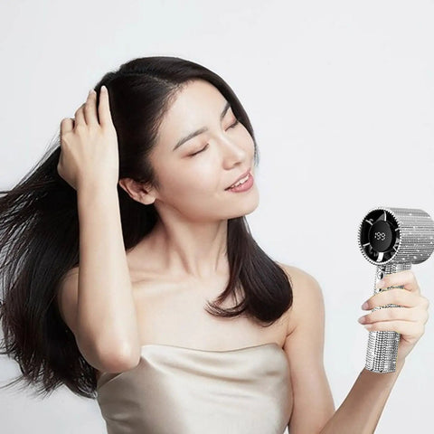 Diamond Studded Portable Handheld Turbo Fan With Glitter Rhinestones, Ultra Quiet USB Desk Fan, woman using fan, silver