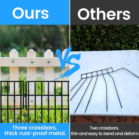 22 Pack No Dig Animal Barrier Fence Panels 16 Inch High With 1.5 Inch Gap Great For Dogs And Rabbits Backyard Pet Fence For Garden And Outdoor Landscaping 22 Feet Total Length Easy Install, comparison of thick and thin metal and crossbars.