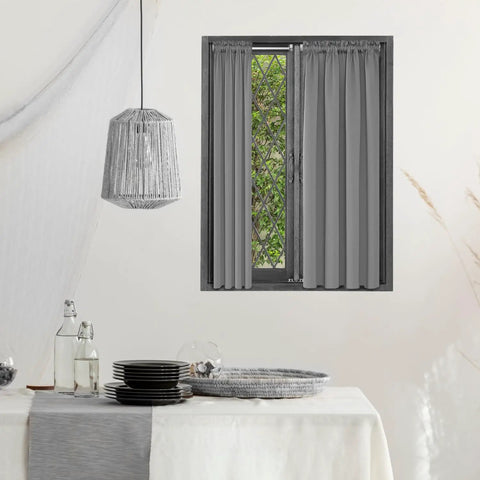 Rock Solid White Swivel Sash Curtain Rods, Adjustable 12 To 20 Inches, Set Of 2 With Nickel End Caps, No Sweat Wall Mount For Entry Doors And Windows, Premium Alloy Steel Hardware Kit, displayed with gray curtains.