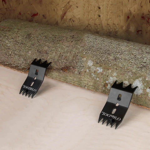4 Piece Slab Clamping Dogs Set For Woodworking And CNC Slab Flattening Dogs With 2 Designs And 4/5 Pointed Teeth Secure Workpieces Of Various Sizes During Flattening CAV012 in use on a wooden slab.