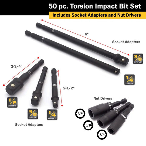 Beefy Flex Torsion Impact Bit Set, 50 Piece Kit for Drill Drivers, Includes adapters and nut drivers in various sizes.