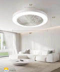 Super Quiet Low Profile Ceiling Fan With Lights And Hassle Free Smart Remote Space Saving Flush Mount Fixtures For Bedroom Living Room Top Shelf White Design With Smooth DC Motor mounted on ceiling with dimensions 20" diameter and 6.5" height.