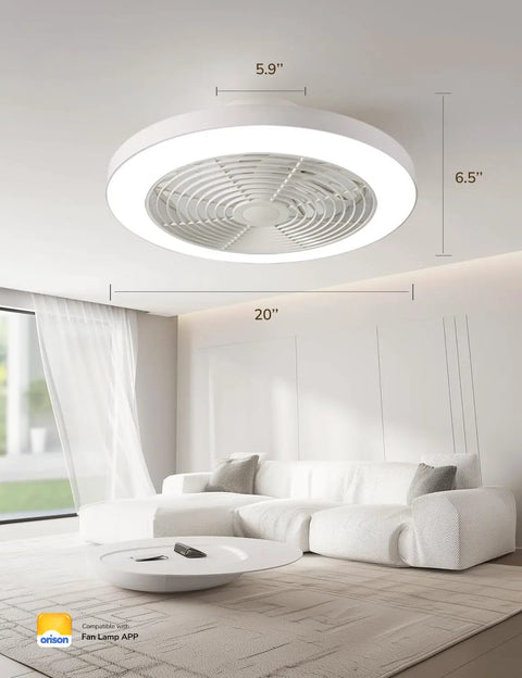 Super Quiet Low Profile Ceiling Fan With Lights And Hassle Free Smart Remote Space Saving Flush Mount Fixtures For Bedroom Living Room Top Shelf White Design With Smooth DC Motor mounted on ceiling with dimensions 20" diameter and 6.5" height.