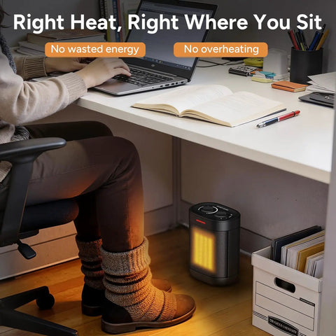 Ceramic Personal Space Heater For Office Desk And RV under desk providing warmth, fast 3 second ceramic instant heat, 1000W and 700W