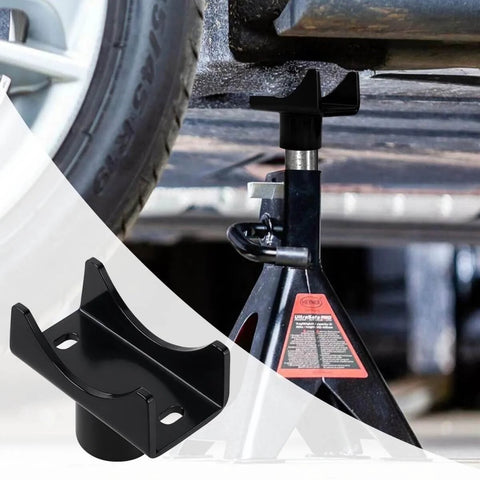 Heavy Duty Bottle Jack Adapter Saddle For Axle Tubes Fits Round 2 Inch, 3 Inch, 4 Inch And Square 2 Inch Axles With 1.5 Inch Lifting Platform, Rugged Lift Accessory Up To 17000 Lbs For Trucks, SUVs And Off Road attached to a jack under a vehicle, with close-up of black adapter.