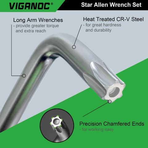 Close-up of Chrome Vanadium Long Arm Torx Star Allen Wrench Set T10 To T50 showing steel construction and precision chamfered ends