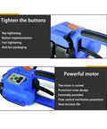 Image of a PRO GRADE RECHARGEABLE STRAPPING TOOL FOR PP AND PET PLASTIC BELTS WITH 3000 MAH BATTERY showing its buttons and motor features.