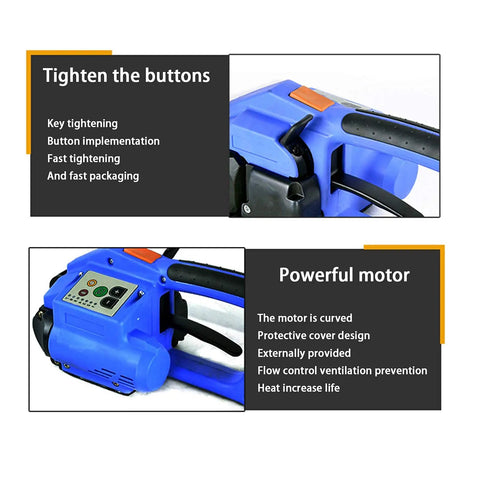 Image of a PRO GRADE RECHARGEABLE STRAPPING TOOL FOR PP AND PET PLASTIC BELTS WITH 3000 MAH BATTERY showing its buttons and motor features.