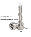 Rock Solid 304 Stainless Steel Machine Screws 20 Pack Quarter Inch By Twenty Threads With Phillips Pan Head And Rust Proof Heavy Duty Fasteners, two screws showing sizes.