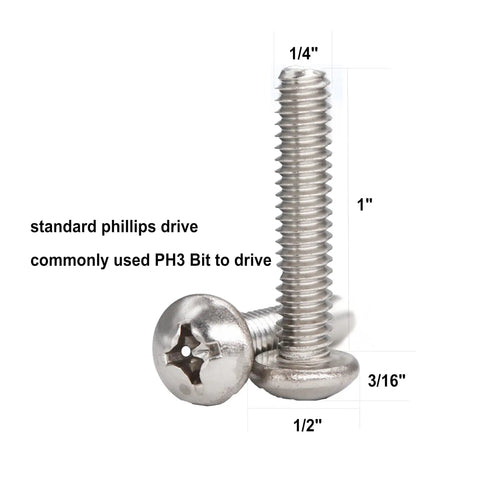 Rock Solid 304 Stainless Steel Machine Screws 20 Pack Quarter Inch By Twenty Threads With Phillips Pan Head And Rust Proof Heavy Duty Fasteners, two screws showing sizes.