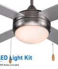 Close-up of modern silver ceiling fan with lights, 4 plywood blades, dual chain. 52 Inch Ceiling Fan With Lights For Big Rooms.