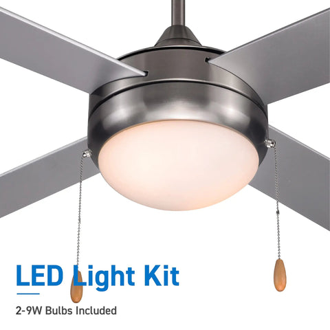 Close-up of modern silver ceiling fan with lights, 4 plywood blades, dual chain. 52 Inch Ceiling Fan With Lights For Big Rooms.