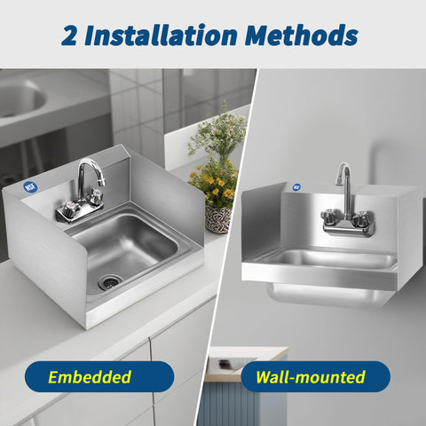 Stainless Steel Wall Mount Hand Sink With Side Splash Guard Strainer And Faucet 17x15 Inch Commercial NSF Kitchen Sink dual installation