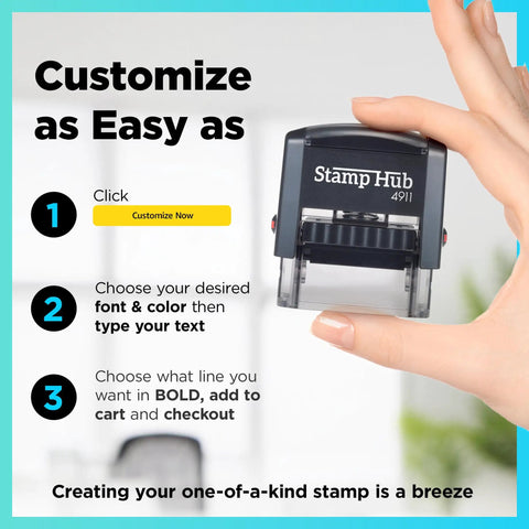Hand holding self inking personalized name stamp for office use with custom one line text dope ink color swaps bold text option.