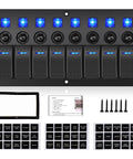 8 Gang Waterproof Rocker Switch Panel With Blue LED Lights Heavy Duty Prewired 12V 24V On Off Switches For Marine Boat Automotive Car RV Truck Jeep UTV And Other Vehicles with screws and labels