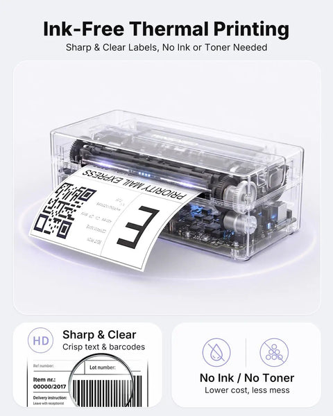 Wireless Bluetooth Thermal Shipping Label Printer Pulls Off Killer 4x6 Package Prints For Ecommerce Hustles With Zero Hassle Mobile Sync And Smooth Windows Mac Android Pairing In Classic Gray showing clear labels printing.