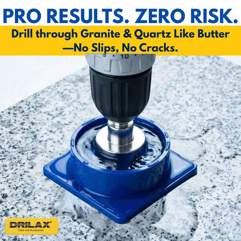 Drilax 1-3/8-inch diamond hole saw kit with water delivery and guide on blue base for granite countertops