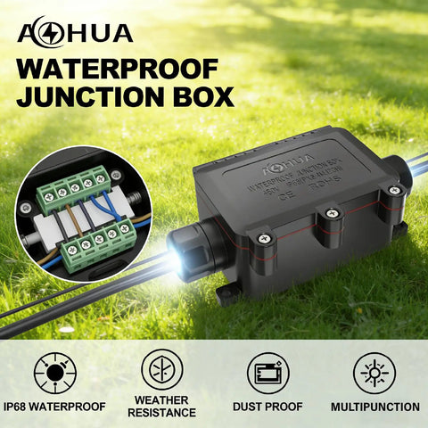IP68 Outdoor Waterproof Junction Box With M20 Connector For 5 To 13 Millimeter Cables 2 Way Underground Splice Light Box Includes 4 Way Terminal Block Seals And Screws 450V 20A Rating Built For Easy Install, black outdoor enclosure