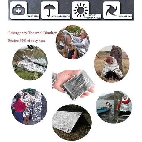 Man holding emergency thermal blanket, part of 13 In 1 Emergency Survival Kit For Outdoor Adventures, All In One Survival Gear Set.