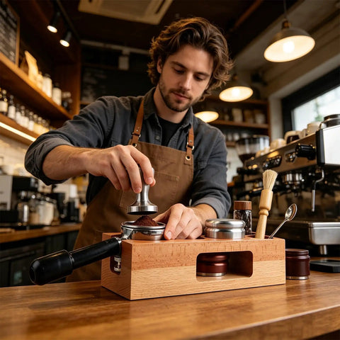 Buttery Smooth Espresso Tamper Station Crafted From Solid Natural Wood 58mm, used for coffee preparation in a café setting.