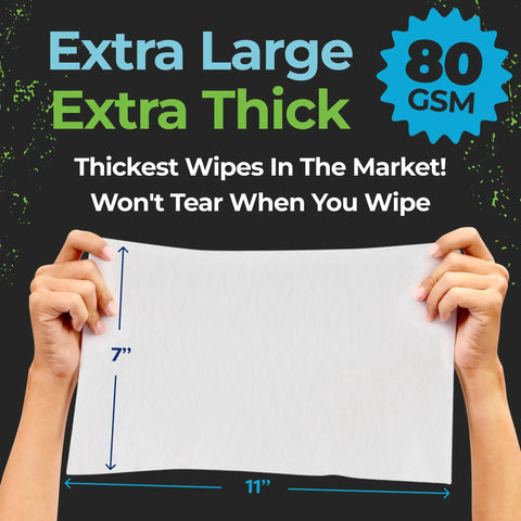Person holding XL Camping Body Wipes No Rinse For Outdoors, full body cleaning for men and women, emphasizing size 7x11 inches.