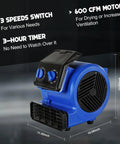 1/4HP Air Mover High Velocity Blower Fan with 3 Speed Settings, 3 Hour Timer, and 600 CFM shown in blue, ideal for carpet drying.