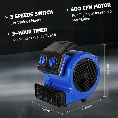 1/4HP Air Mover High Velocity Blower Fan with 3 Speed Settings, 3 Hour Timer, and 600 CFM shown in blue, ideal for carpet drying.