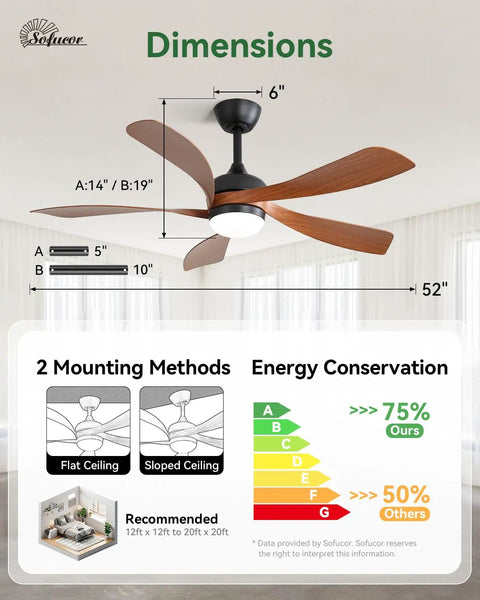 Measurements of 52 Inch Smart Ceiling Fan With Lights And Remote For Indoor And Outdoor Use, Alexa And Google Assistant Compatible