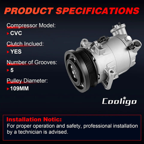Pro Grade AC Compressor With Clutch And Five Groove Pulley Fits Chevy Equinox 1.5L 2018 2019 2020 with specifications visible.