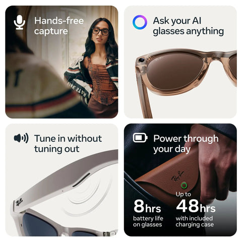 Gen 2 Wayfarer Smart Glasses Matte Black With 3K HD Video And 12 MP Ultra Wide Camera 2X Battery Life AI Assistant And Hands Free Calls Clear Lenses shown in lifestyle and close-up views.