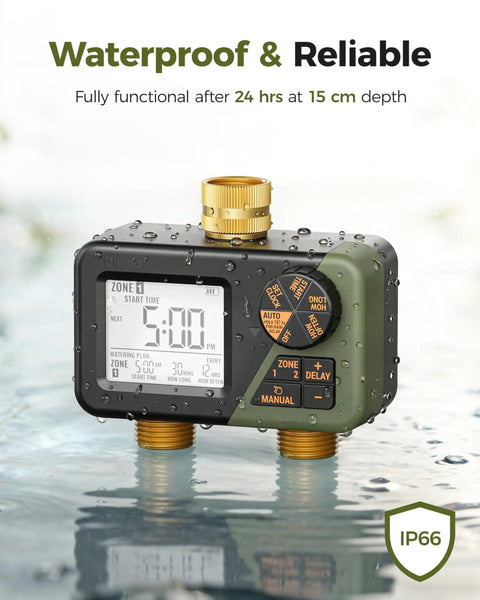 Dual Zone Sprinkler Timer For Outdoor Irrigation With IP66 Weatherproof Build, Big Display submerged in water
