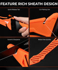 Feature-rich design of 7 Piece Fishing Tool Kit's 7 inch fillet knife sheath with quick release tab and ceramic sharpener.