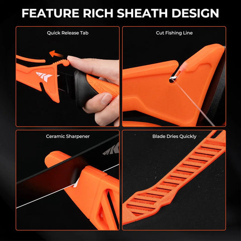 Feature-rich design of 7 Piece Fishing Tool Kit's 7 inch fillet knife sheath with quick release tab and ceramic sharpener.