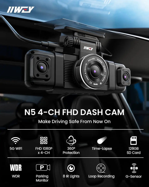 Four Channel Dash Cam With 360 Degree View And 1080P Front, Rear, Interior And Side Cameras For Cars, 8 IR Night Vision