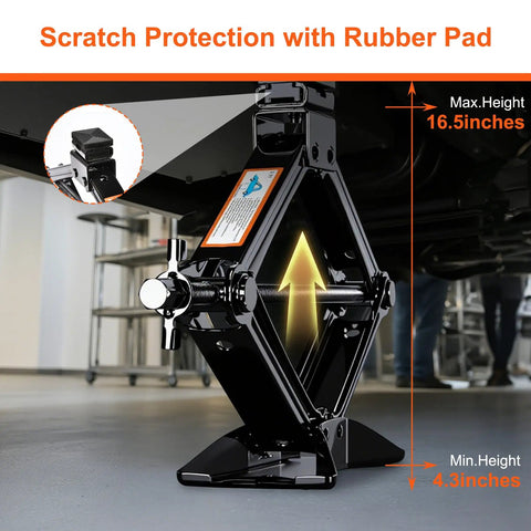 Heavy Duty 2.5 Ton Scissor Jack Car Tire Changing Emergency Tool Kit with Lifting Handle and Safety Stand for SUV Truck and Sedan Black rubber pad for scratch protection max height 16.5 inches