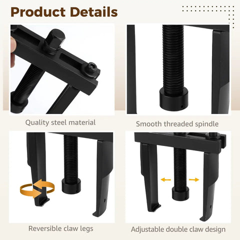Two Jaw Bearing Puller For Auto Repair with beefy steel construction and adjustable dual jaw gear remover features.