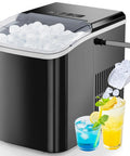 DUMOS countertop ice maker, black finish, front view showing transparent ice bin on top and side scoop.
