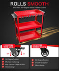 Red three tier rolling tool cart with side hooks on wheels, heavy duty metal utility cart with 330 lbs capacity for garage and shop.