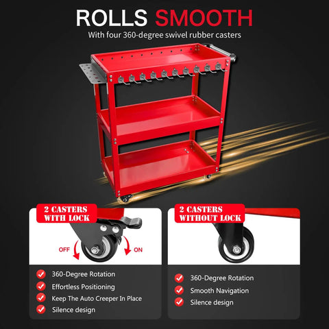 Red three tier rolling tool cart with side hooks on wheels, heavy duty metal utility cart with 330 lbs capacity for garage and shop.