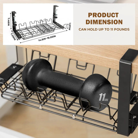 Retractable Under Desk Cable Management Tray With No Drill Clamp For Home Office with 11 lb weight on sturdy metal frame.